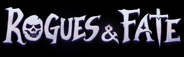 Rogues & Fate: Gothic serif wordmark with skull O, sharp edges, beveled glow.