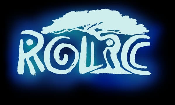 Rolic: Hand-drawn brush lettering with spiral O, icy glow, tree silhouette over text.