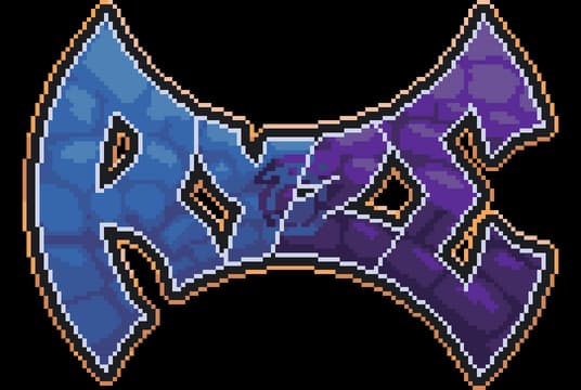 Ryze: Chunky jagged letters, blue-to-purple gradient with bold orange outline.