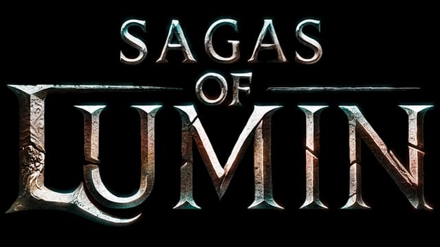 Sagas of Lumin: Metallic, embossed lettering with gradient and subtle glowing edges.