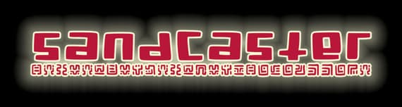 Sandcaster: Rounded futuristic block lettering with a runic glyph line beneath.