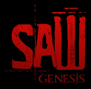 SAW: Distressed, bold red block letters with scratch marks and tall vertical strokes.
