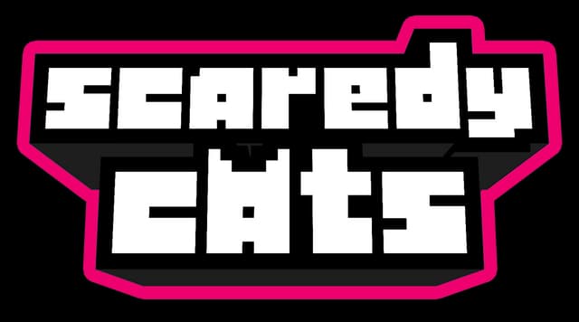 Scaredy Cats: Bold pixel font on dark badge with thick neon-pink outline.