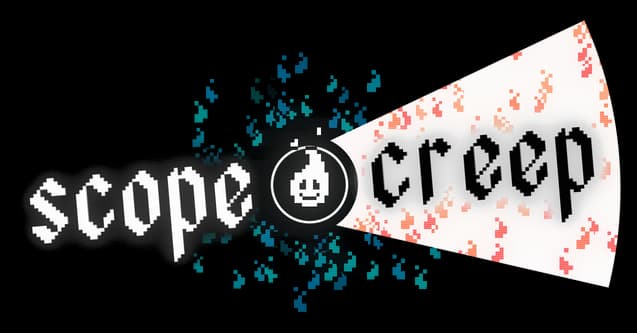 SCOPECREEP: Gothic wordmark split by scope beam, crosshair flame icon, glitch specks.