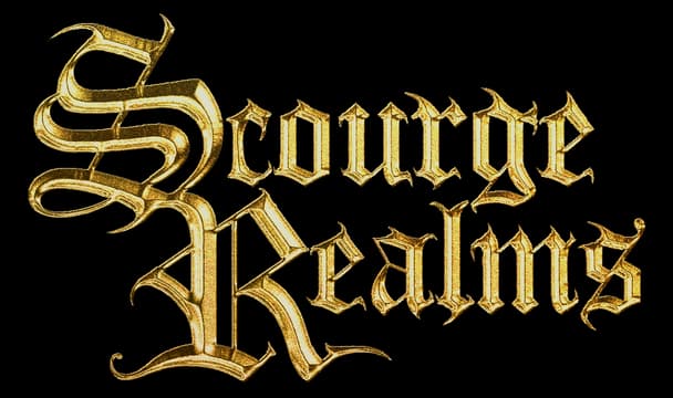 Scourge Realms: ornate gilded blackletter with beveled metallic shine and shadowing.
