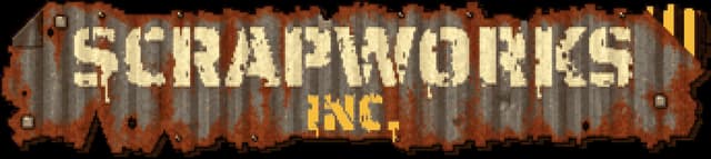 Scrapworks Inc.: Weathered metal riveted sign with distressed block lettering and rust stains.