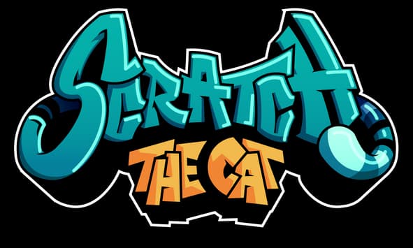 Scratch The Cat: 3D graffiti-style teal lettering with bold outline and shadowing.