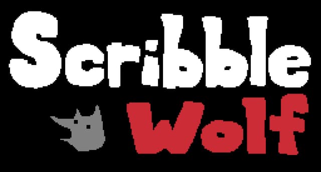 Scribble Wolf: Chunky pixel font; white “Scribble,” red “Wolf,” gray wolf head icon.