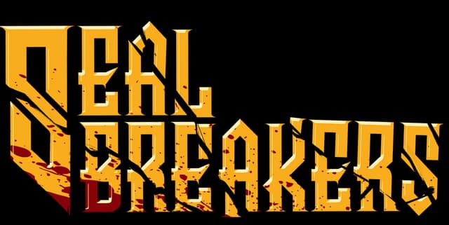 Sealbreakers: Bold angular serif letters with cracked edges, long shadow, blood spatter.