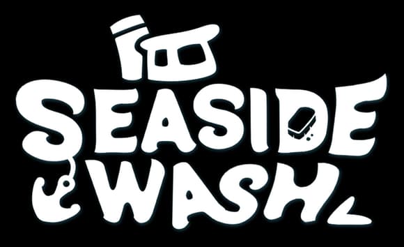 Seaside Wash: Bold rounded bubble letters with blue outline and dripping foam accents.