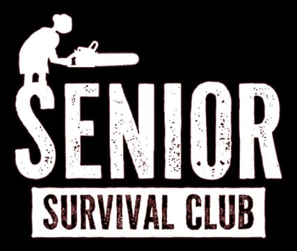Senior Survival Club: Distressed bold block letters, senior silhouette with chainsaw atop S.