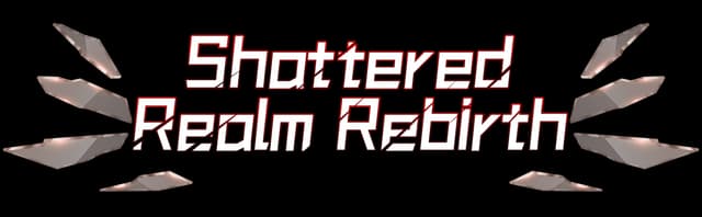 Shattered Realm Rebirth: Blocky red font with shards and a dynamic shattered effect.