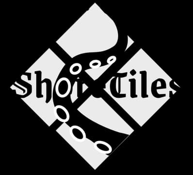 ShoreTiles: Bold serif wordmark over tilted tile icon with wrapping tentacle overlay.