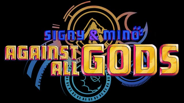Signy & Mino: Bold beveled retro letters, gold gradient, neon outlines, emblem glow.