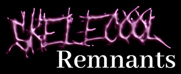 Skelecool: Neon-purple dripping graffiti script above bold serif “Remnants”.