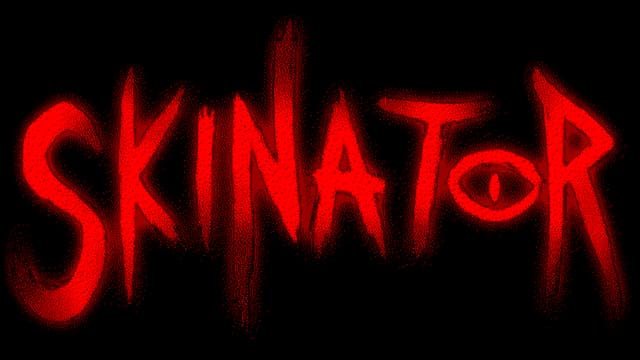 Skinator: jagged spray-painted letters with red glow, rough grain, and drips.
