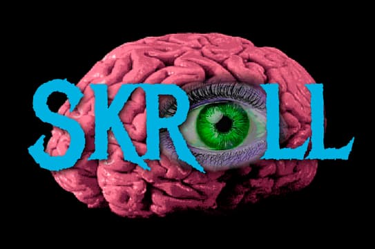 SKROLL: Jagged turquoise serif letters over a pink brain with green eye center.