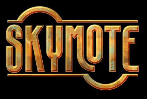 Skymote: Bold art deco lettering with gold gradient, beveled shine, framed arcs.