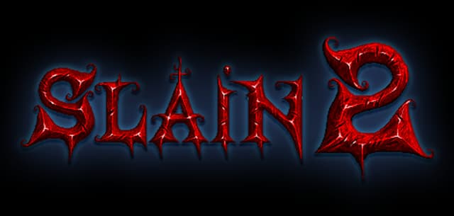 Slain 2: jagged gothic red lettering with beveled shine and dark outline, embossed look.