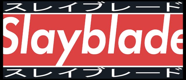 Slayblade: Bold italic sans-serif wordmark in red panel with Japanese text bands.