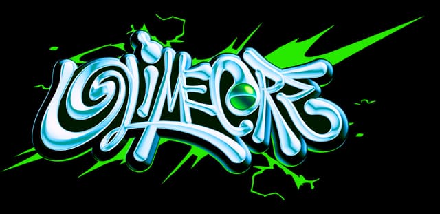 SLiMECORE: Glossy slime-drip graffiti script with 3D shine and neon streaks.