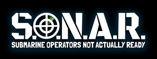 S.O.N.A.R.: Bold stencil-like letters, sonar crosshair “O,” soft glow outline effect.
