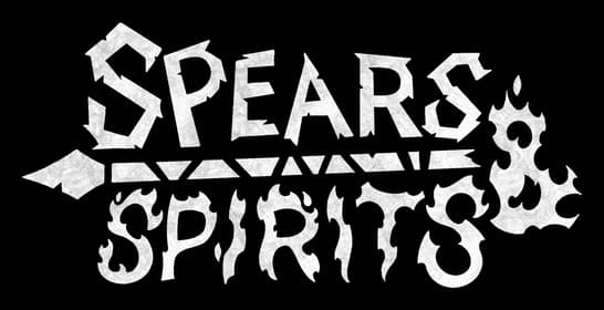 Spears & Spirits: Rough-edged runic lettering split by a spear, swirling sigil ampersand.
