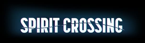 Spirit Crossing: Bold condensed sans-serif wordmark with diagonal slash and glow border.