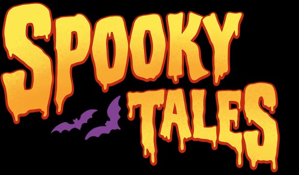 Spooky Tales: Dripping horror font with bold orange outline and bat silhouettes.