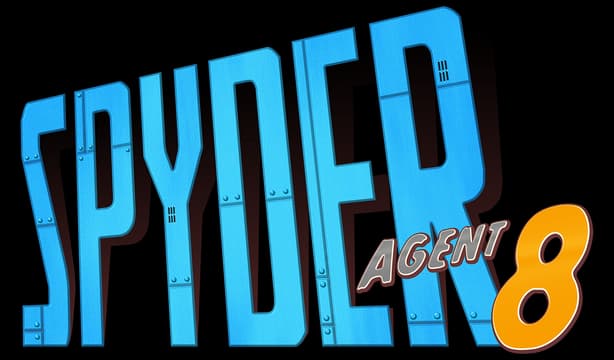 Spyder: Tall metallic riveted 3D block letters with red drop shadow, Agent 8 tag.