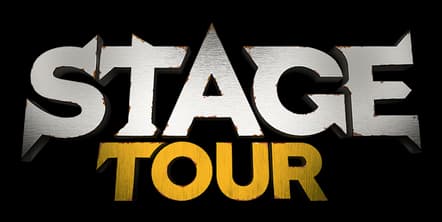 STAGE TOUR: Bold 3D metallic block letters with beveled edges and gold TOUR text.