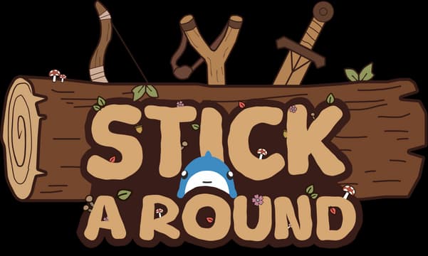 Stick A Round: Rounded chunky letters on a wood plank, with slingshot and sword icons.
