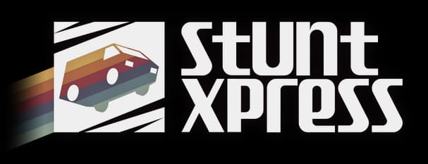 Stunt Xpress: Bold rounded sans-serif, stacked text with retro car icon and speed streaks.