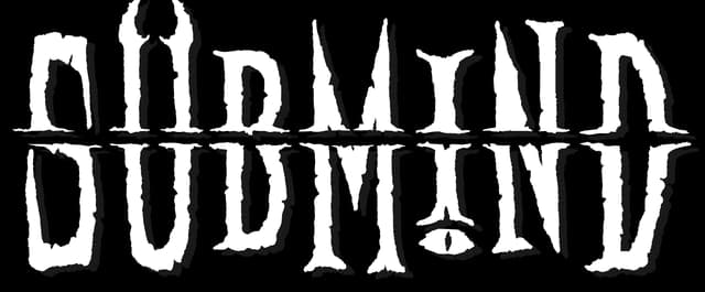 Submind: Distressed tall serif wordmark split by a glitchy horizontal static line.