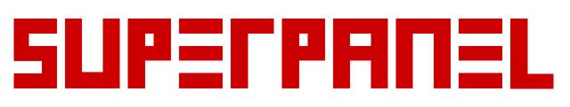 SUPERPANEL: Bold blocky geometric letters with cut-line insets and sharp edges.