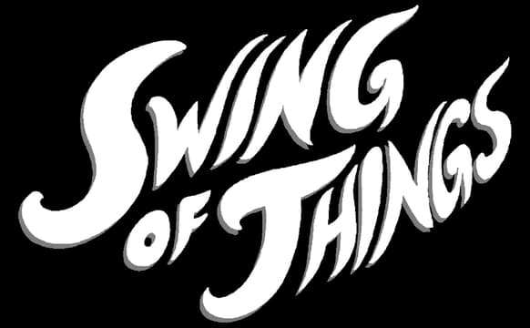 Swing of Things: Bold slanted brush-script lettering with sweeping strokes and ink splatter.