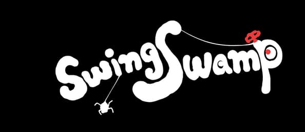 Swing Swamp: Rounded bouncy lettering with a sweeping S, web line, tiny spider icon.