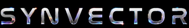 Synvector: Chrome sci-fi block letters with neon glitch edges and beveled shine.