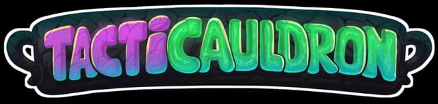Tacticauldron: Chunky neon gradient letters with glossy highlights and dark outline.