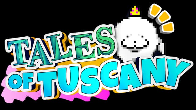 Tales of Tuscany: Bold 3D teal lettering with thick outline and pixel mascot accent.