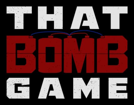 THAT BOMB GAME: Bold block capitals, red BOM B center with blue arc highlights.