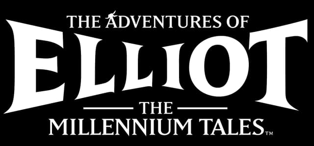 The Adventures of Elliot: Bold serif title with arched, outlined letters and beveling.