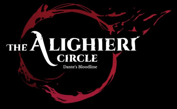 The Alighieri Circle: Distressed serif title over a rough red circular brushstroke sigil.