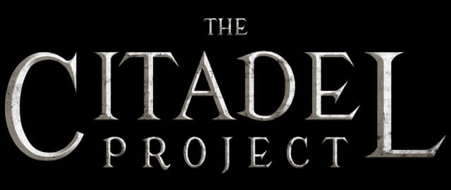 The Citadel Project: Weathered stone-like serif letters with beveled metallic shine.