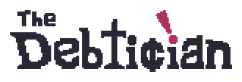 The Debtician: Bold pixel-font wordmark with oversized exclamation mark accent.