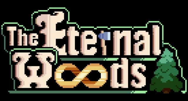 The Eternal Woods: pixel-art serif title with thick outline, golden infinity O, pine icon.