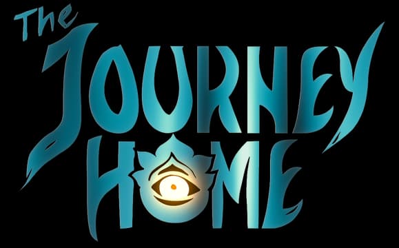 The Journey Home: Teal gradient serif lettering with elongated swashes and glowing eye icon.
