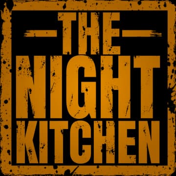 The Night Kitchen: stacked bold block letters in a thick square border frame.