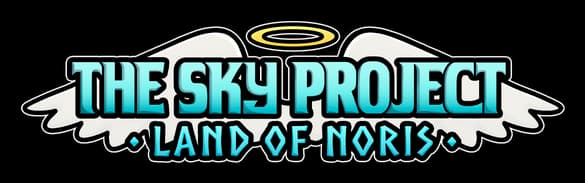 The Sky Project: bold teal gradient letters with black outline, wings and halo emblem.