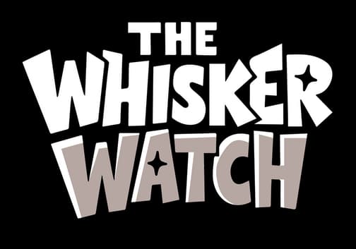 The Whisker Watch: Bold cartoon block letters, arched layout, chunky drop shadow.